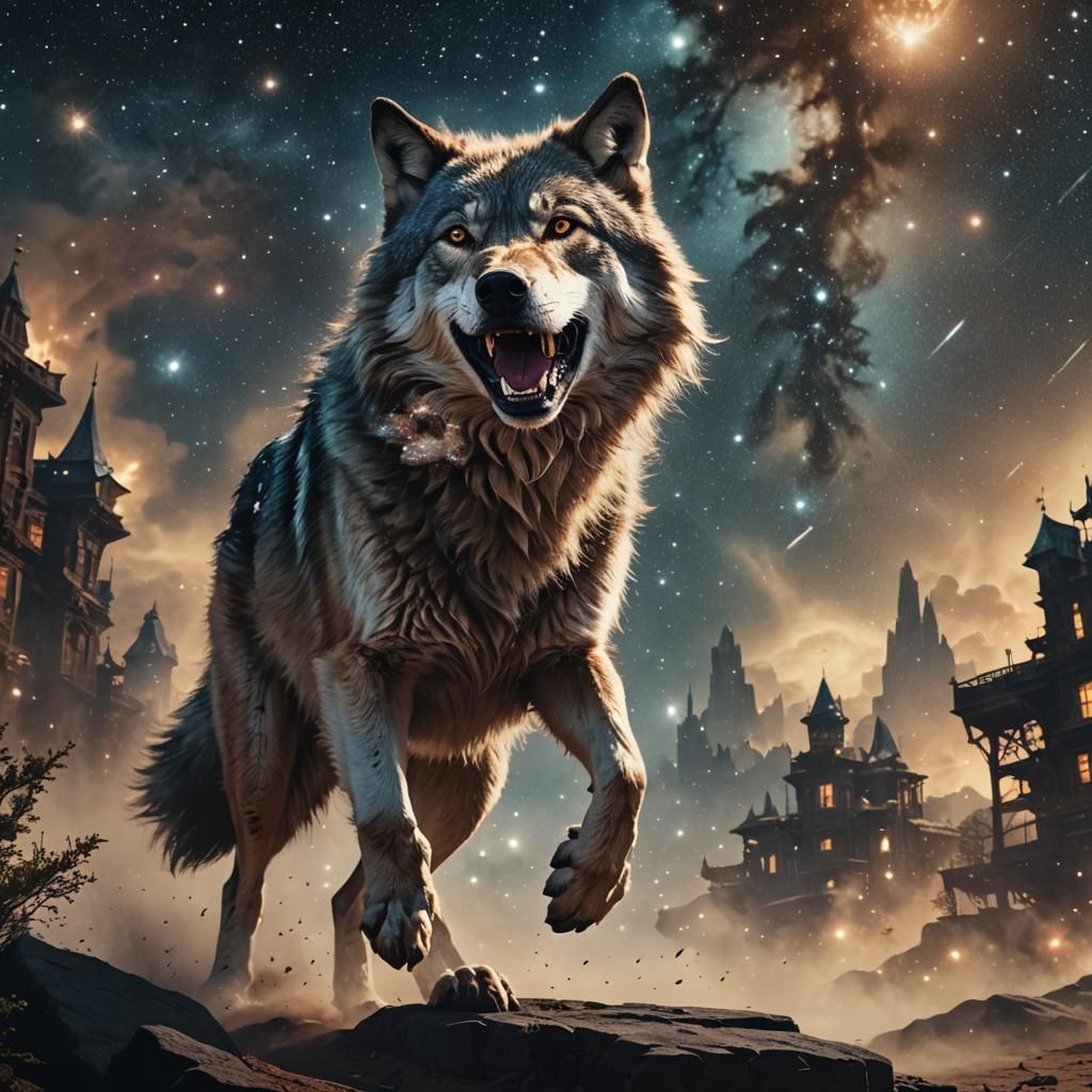 A wolf prancing in the stars