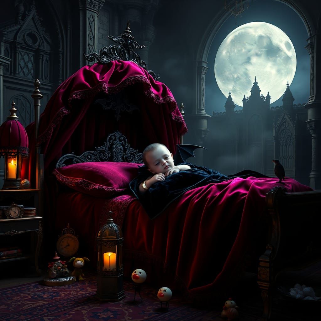 Baby Dracula,toys, bed room ,castle, night