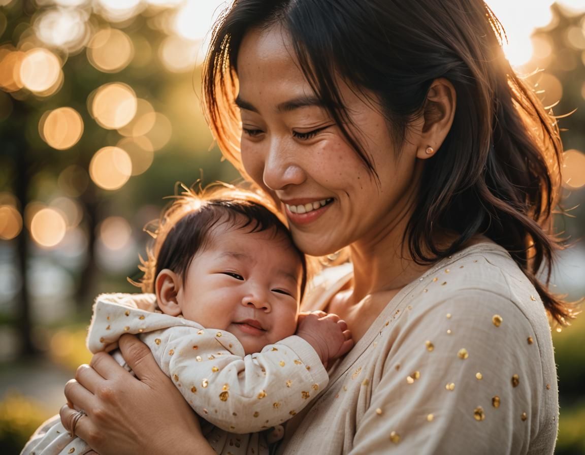 loving Asian mom taking care of her baby