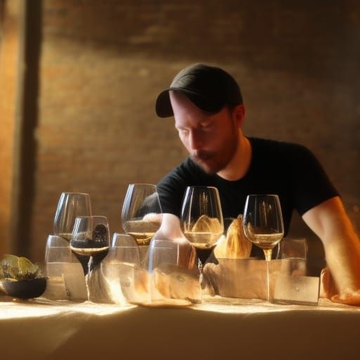 Wine life, harvest, alchemist, winemaker drinks a glass of wine