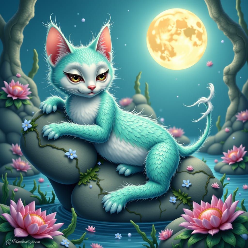 Whiskered feline with turquoise, iridescent scales, lounging on a mossy ocean rock, surrounded by soft seaweed, under a full moon's gentle g...