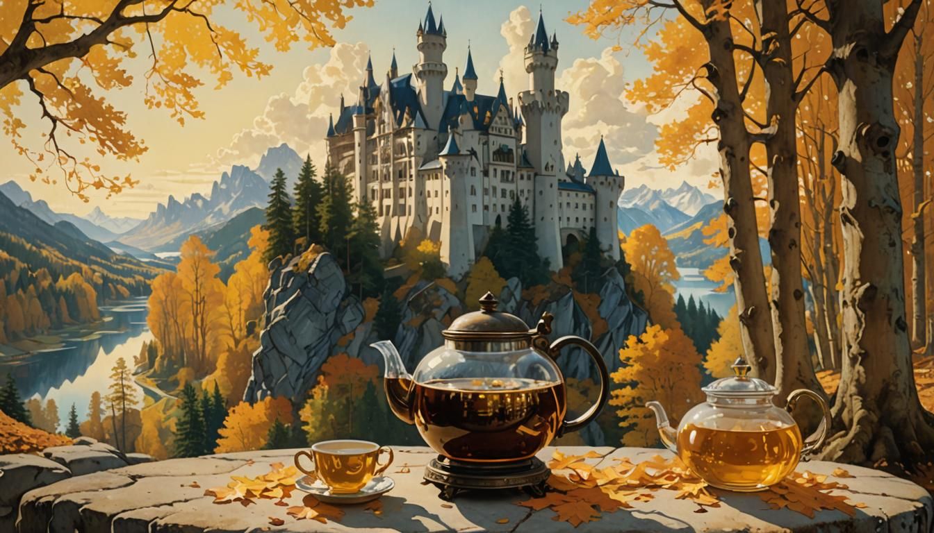 Maxfield Parrish oil painting style. Medium shot of a clear glass kettle filled with water and standing at the bottom of the kettle Bavarian...