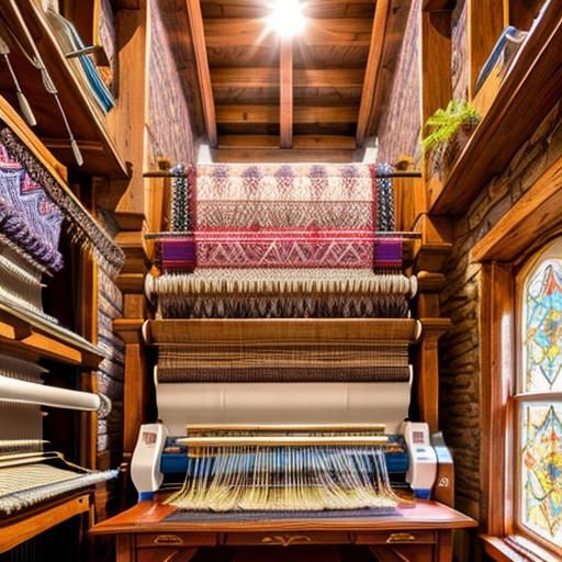 Highly Detailed Jacquard Loom making Damask in a Small Room