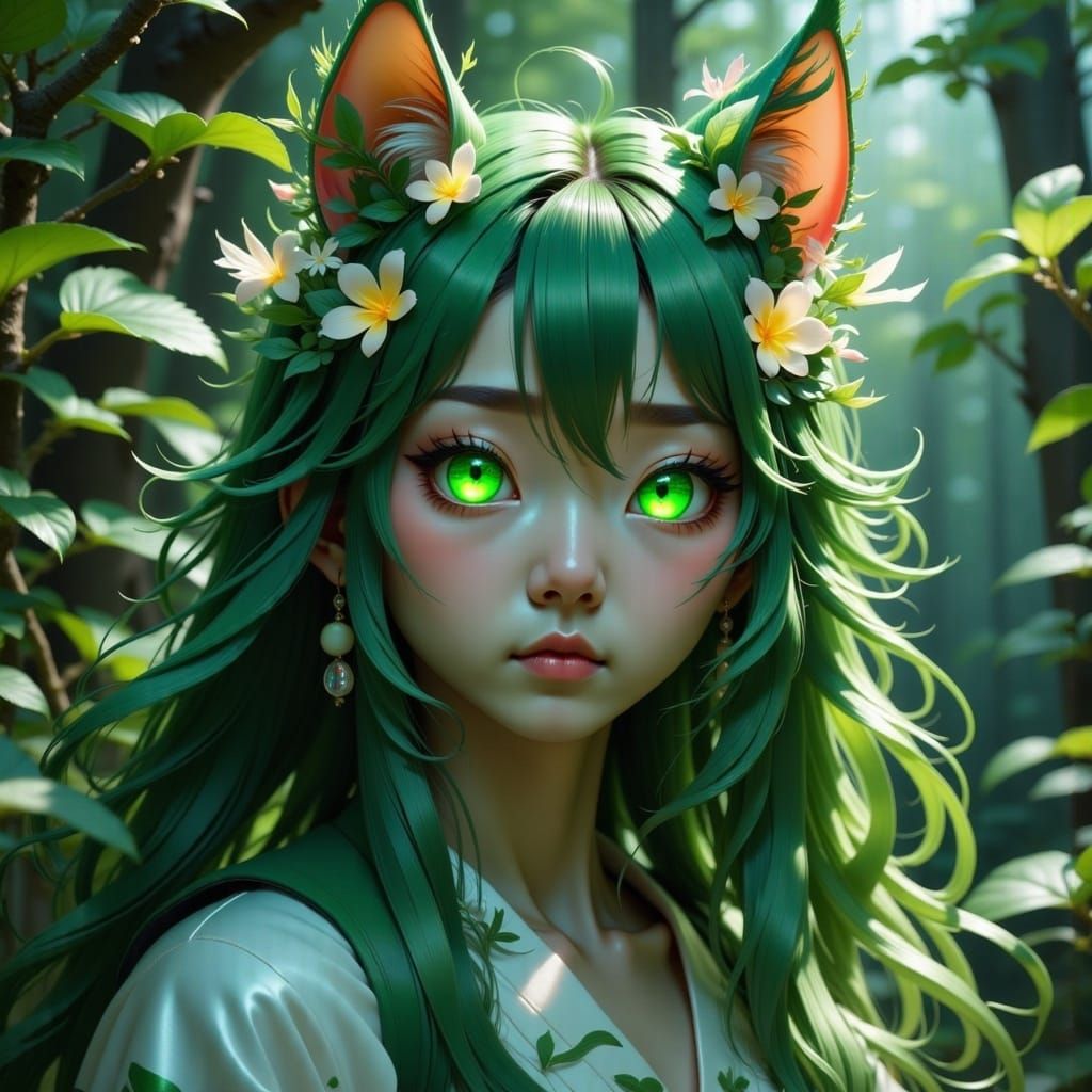 <lora:Project Sakura Fx:1.0>, cat girl, anthropomorphic cat girl, lush flora, green glowing flower eyes, long hair, detailed head and should...