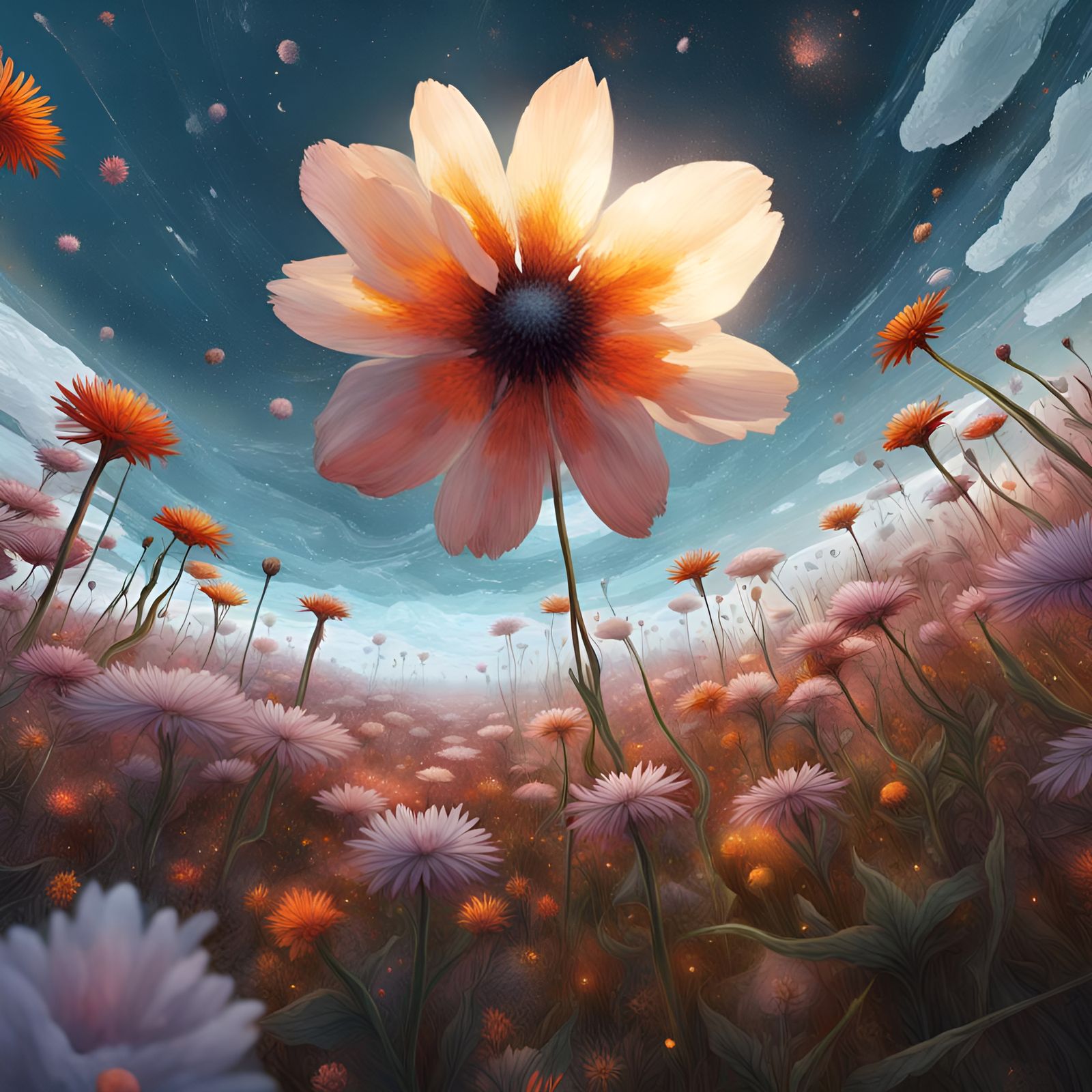 a flower field from a bug's perspective on the ground  by @Bunnzo332