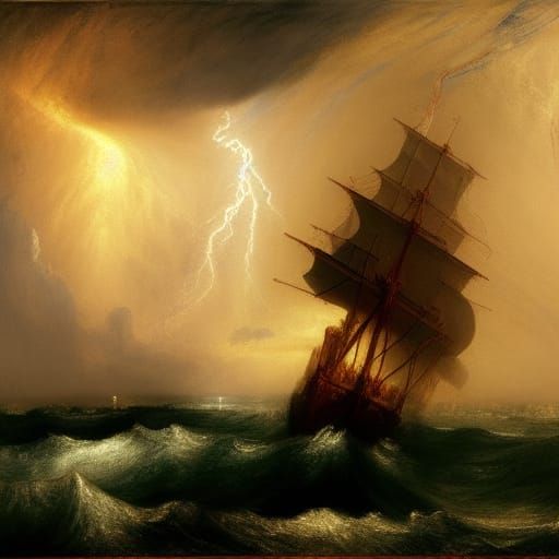 Thunderstorm at sea, galleon ship, lightening and thunder, e...