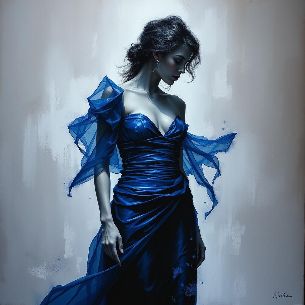 A royal blue bandage dress  Luis royo artistic style translu...