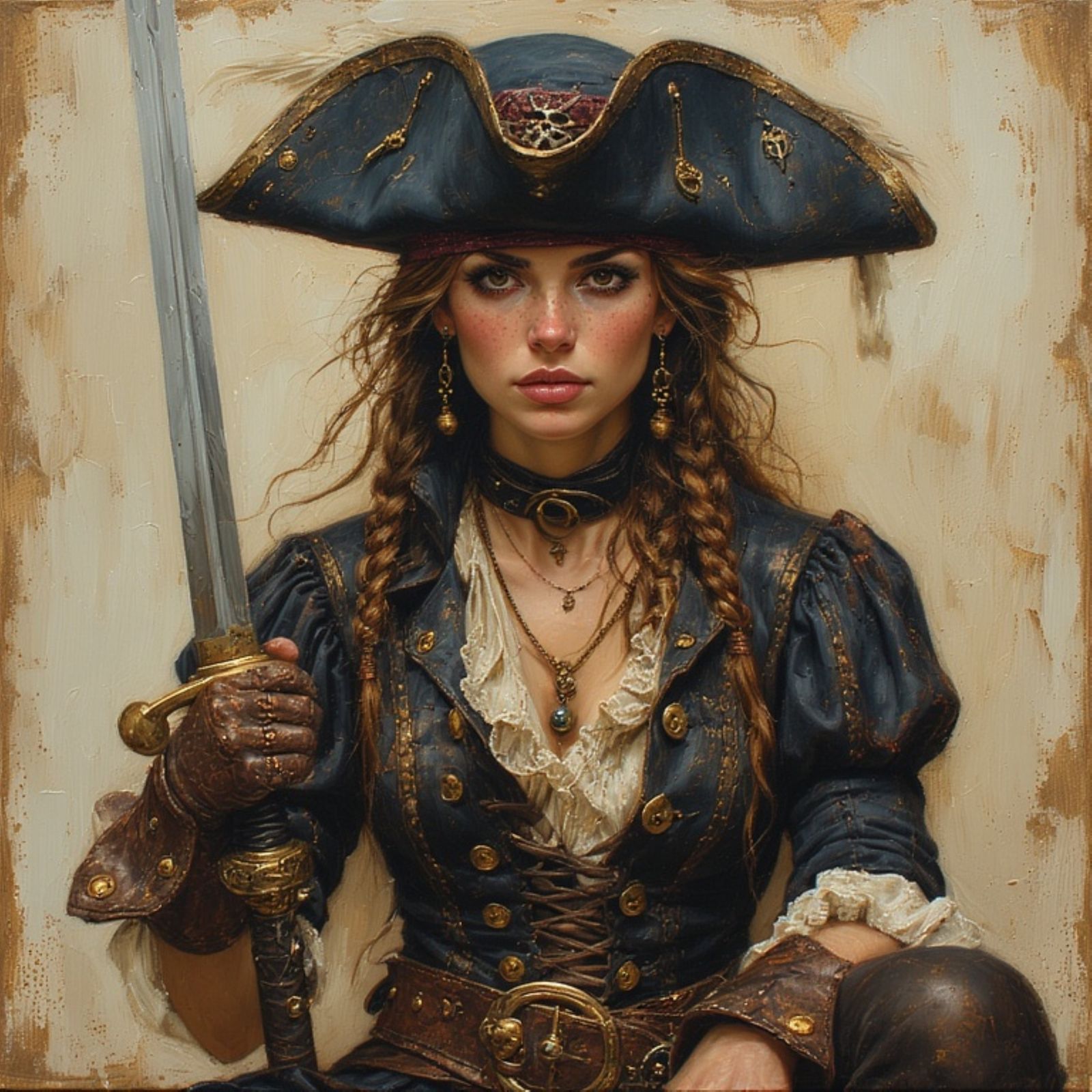 A captivating studio portrait of a fearless female pirate