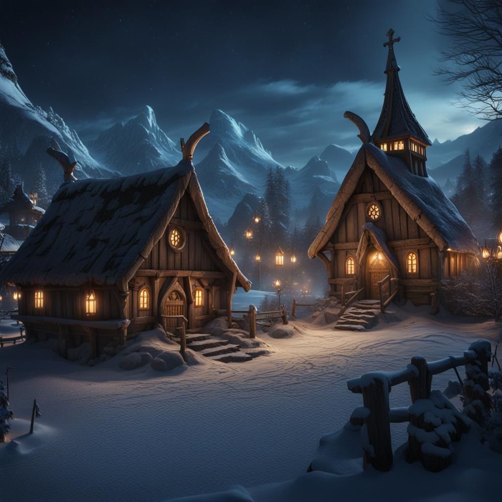 Medieval viking village with Norse church at night and with ...