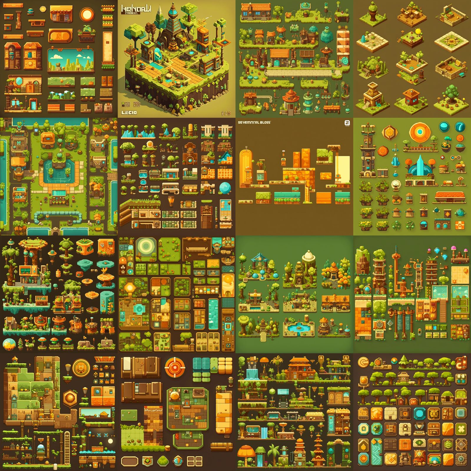 2D tilemap vector modular environmental tilesets, soft warm natural colors, cozy solarpunk, "Wakfu", "Helluva Boss", "Po...