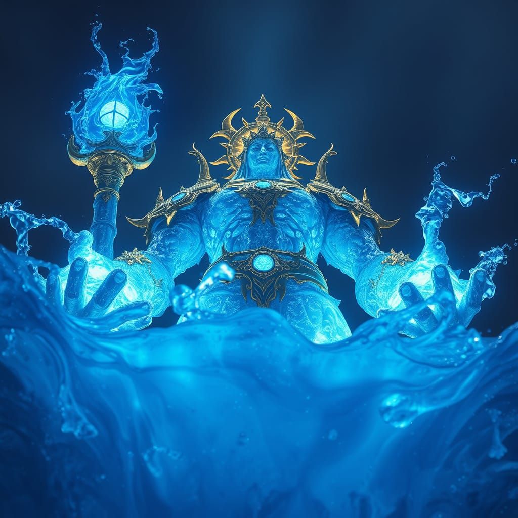 Glowing Blue God Soldier Made of Water Element