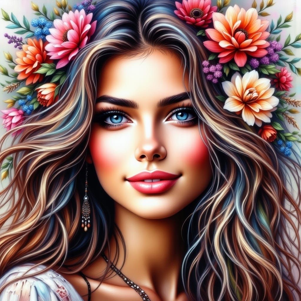  <lora:Beautiful women:1.0> portrait of a beautiful stunning bewitching woman floral bokeh background acrylic oil watercolor 