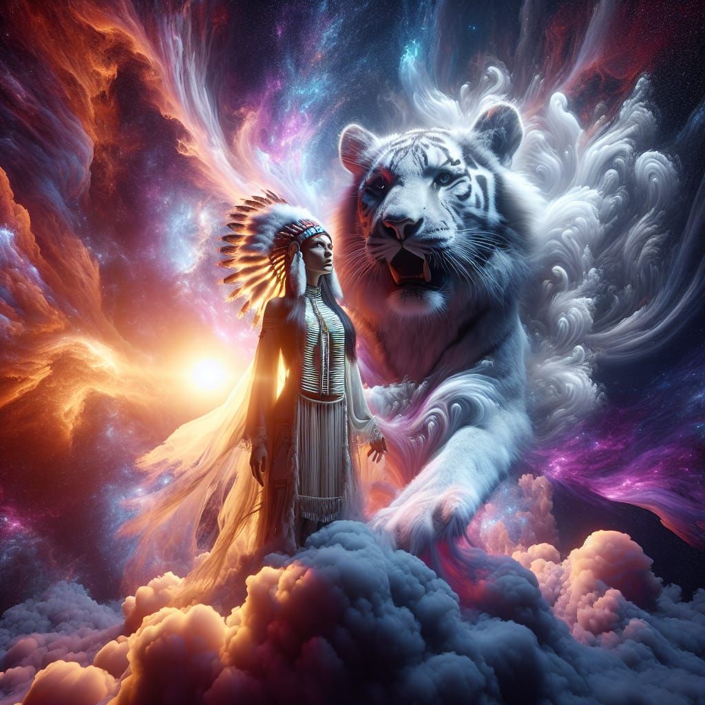  Cherokee woman with her white tiger spirit 