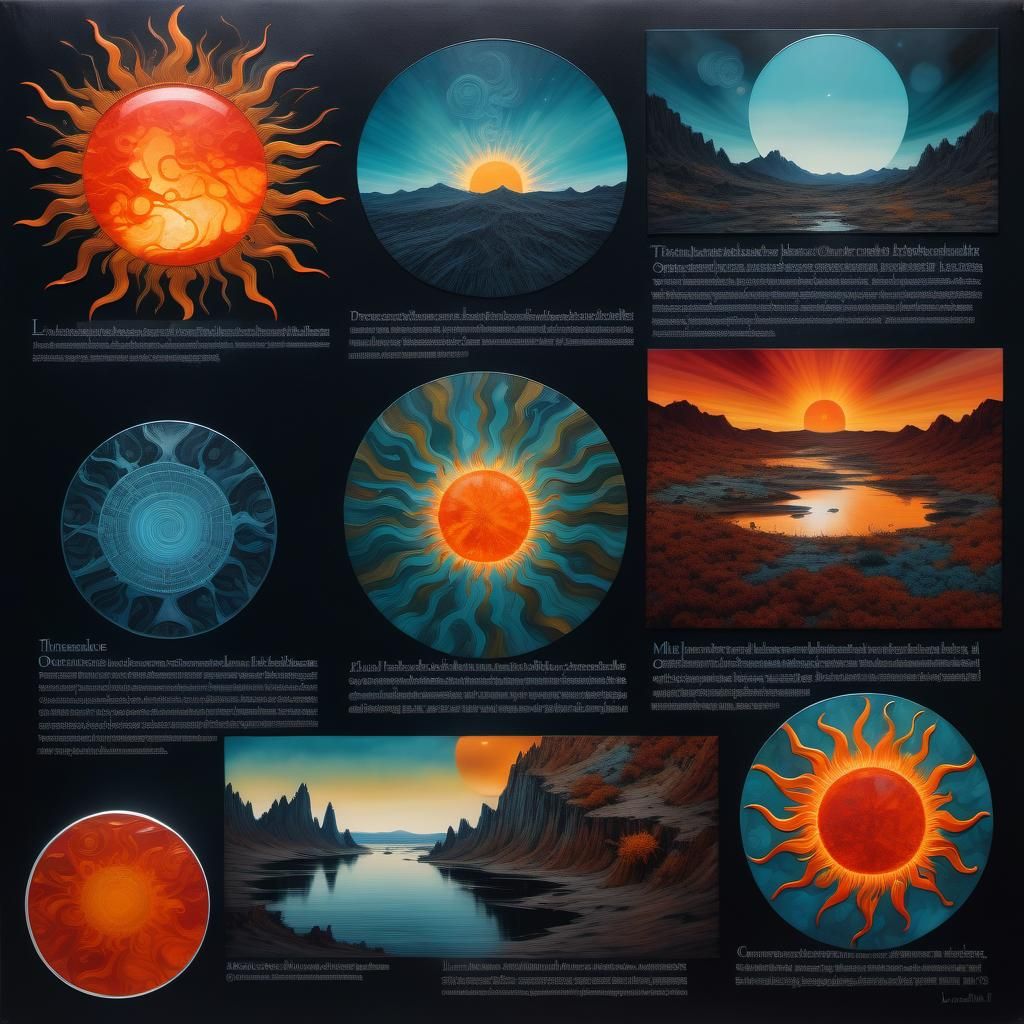 Infographic about the hollow sun theory,  encaustic troupe  l'oiel painting in gouache, double exposure fractoluminescence, transforming int...