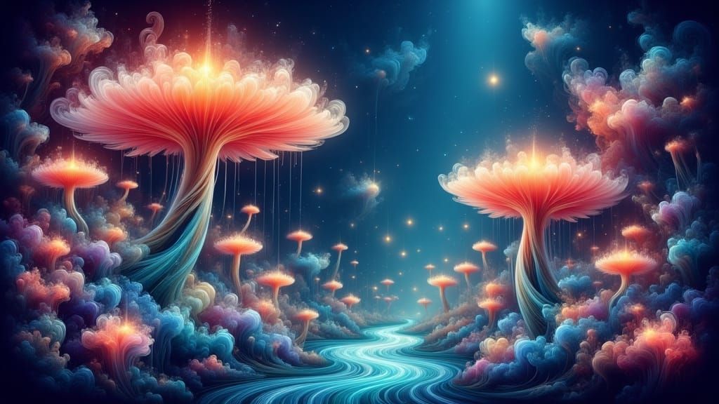 <lora:Ethereal Magic Flux:1.0> A whimsical scene of a giant, bioluminescent mushroom forest at night, with tiny, glowing sprites flitting be...