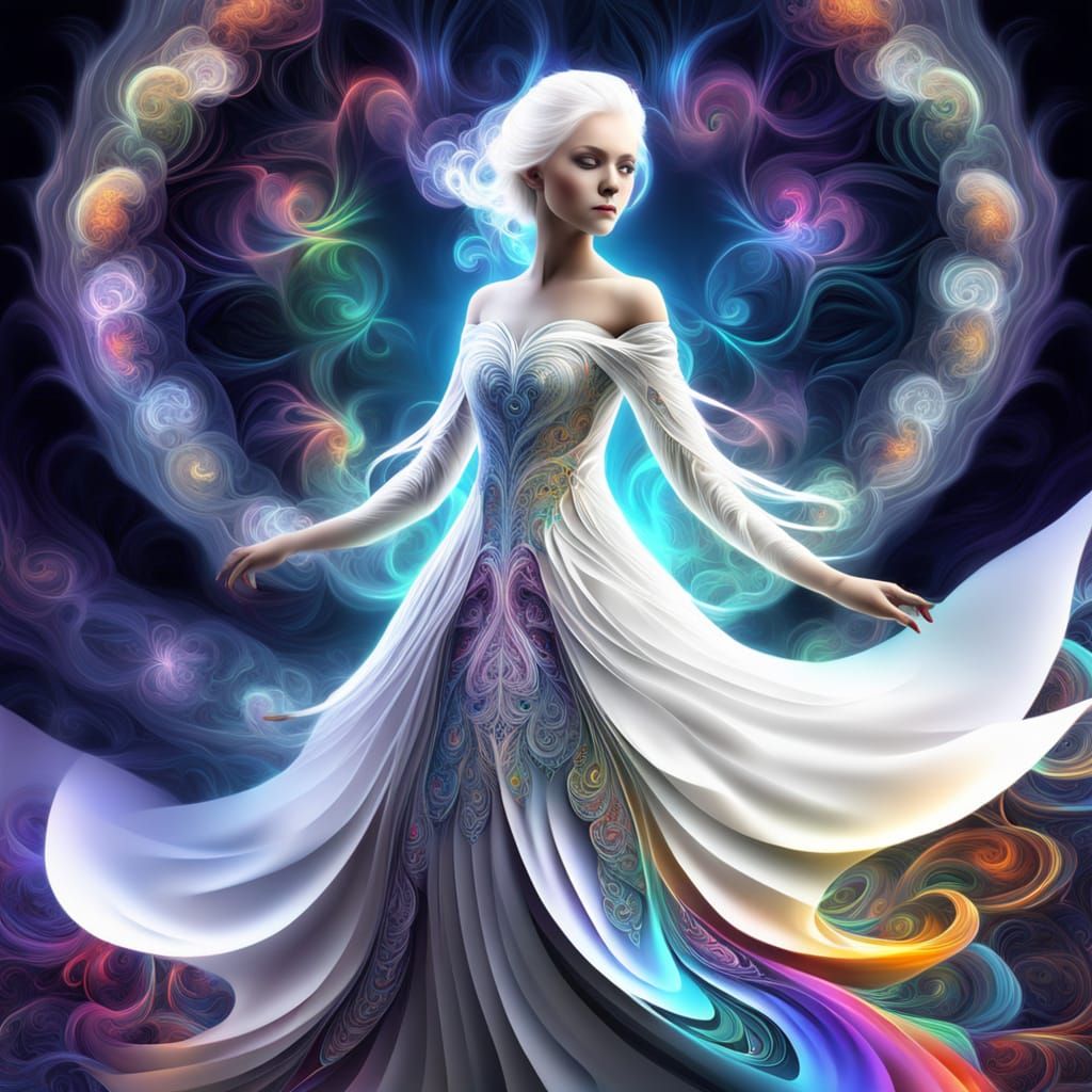 Create stunning fractal art, a full-length portrait of a beautiful lady with white hair in a flowing white dress made of fractal patterns. R...