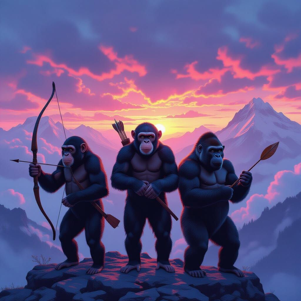 Gorillas and Chimps on Misty Mountain Peak with Bows