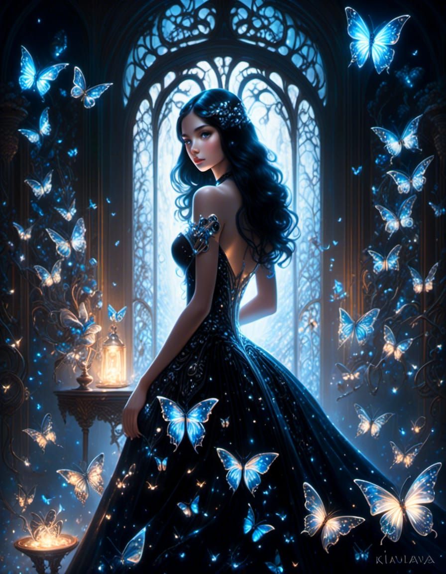 a girl with glowing deep black hair and glowing silver eyes....