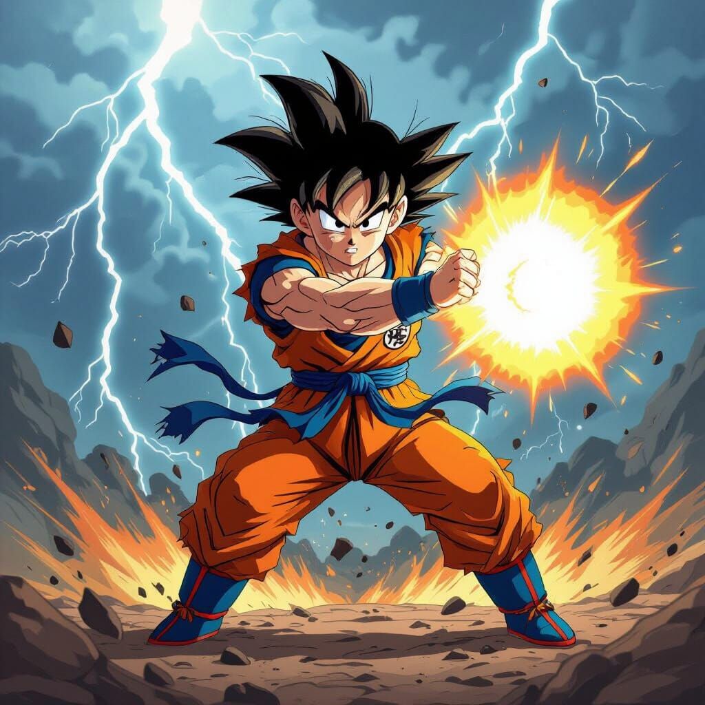 Goku Unleashes Kamehameha in Stormy Anime Style