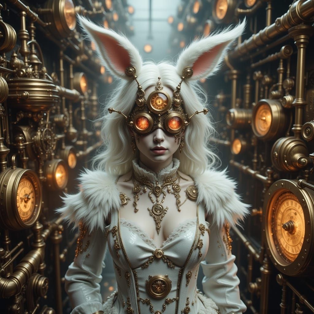 <lora:Steampunk World:1.0> <lora:Glowing runes flux:1.0> <lora:Dark Goo Flux:1.0> <lora:Detailed realism:1.0> Create an image featuring a fe...