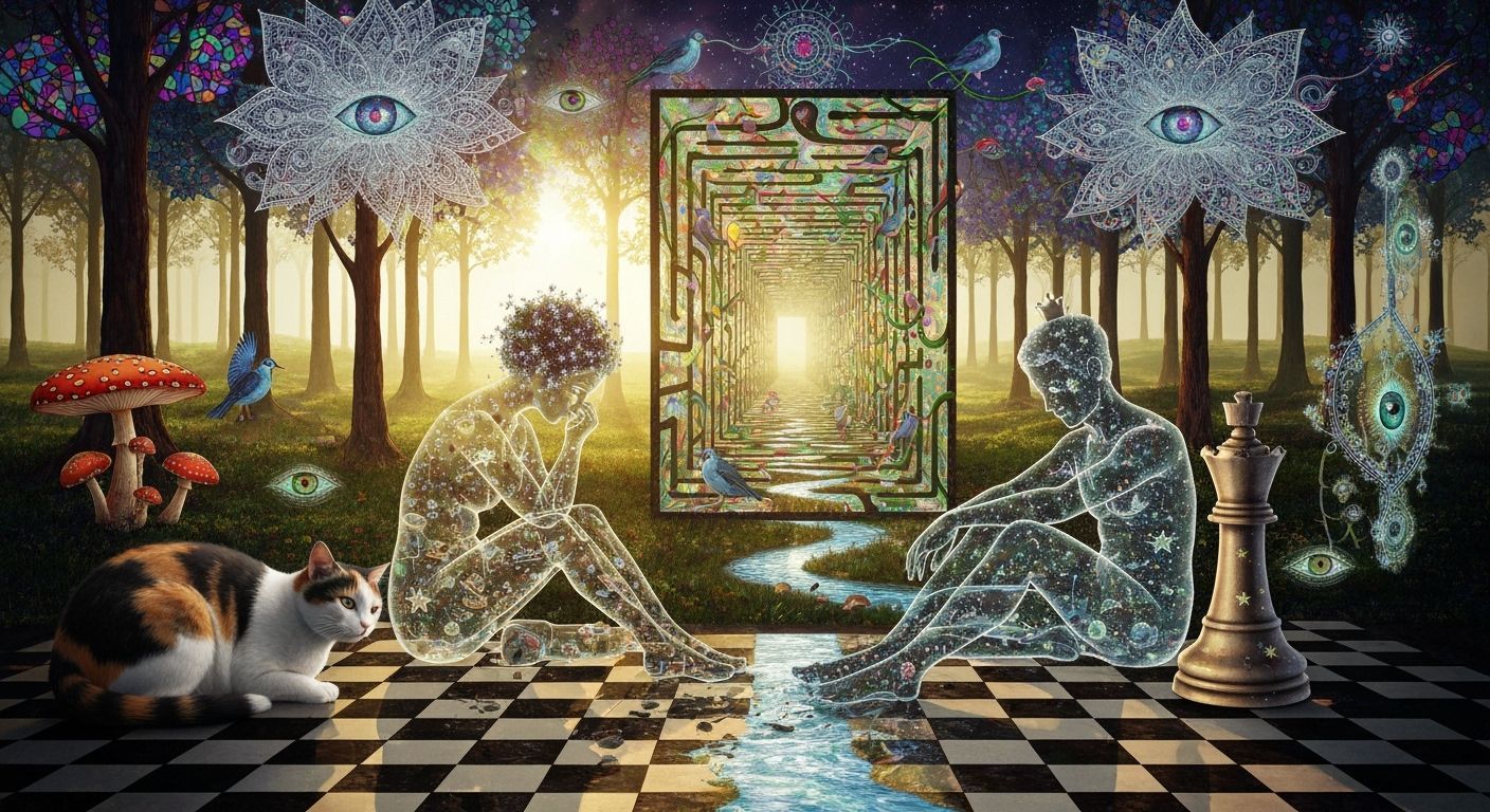 A calico cat rests beside a whimsical chessboard floor. A Chess Queen, adorned with stars, her hair ...  by @blenta