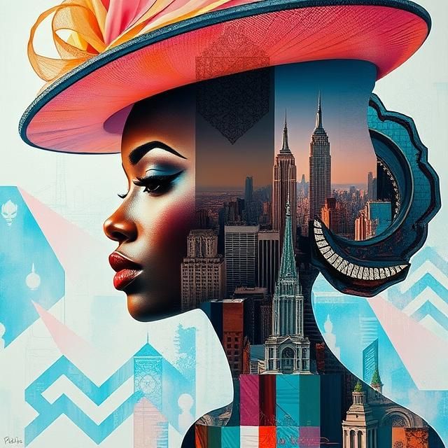 Surrealism. Medium shot. An elegant Black woman wears an ela...