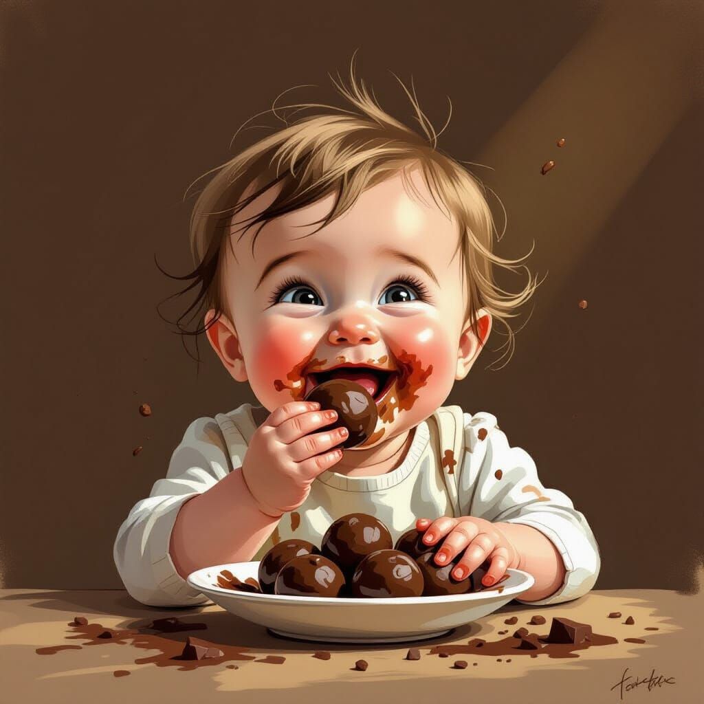 Messy Baby Joyfully Eats Chocolate Balls