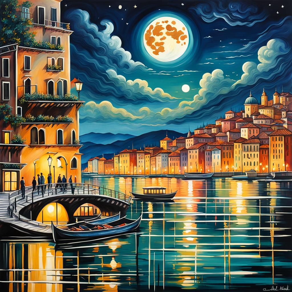 romantic night cityscape of a city with a lake view and a full moon Skyline della città sull'acqua al ...  by @Giulia