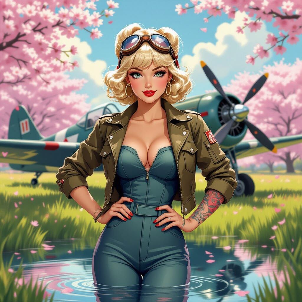 Vintage Anime Pin-Up Girl in Oil Painting Style