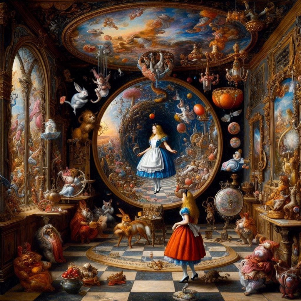 n Alice's looking-glass space, words and effects are stood o...