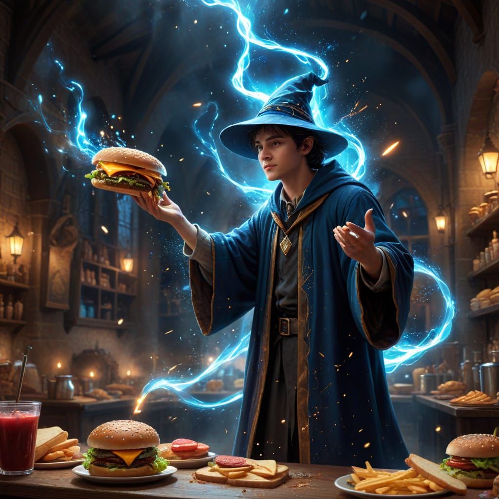 Young Wizard Conjures Floating Sandwich in Burger Shop