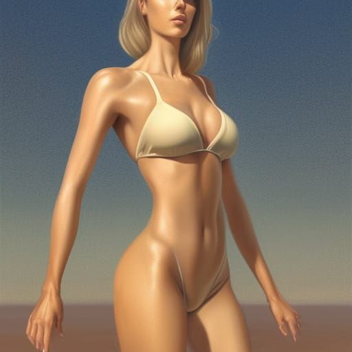 Beige Swimsuit Model in Natural Light, Hyperdetailed