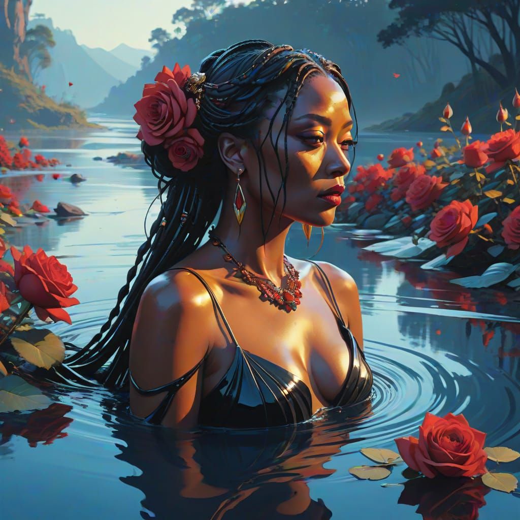 Golden Goddess Amidst Red Roses and Blue Butterflies