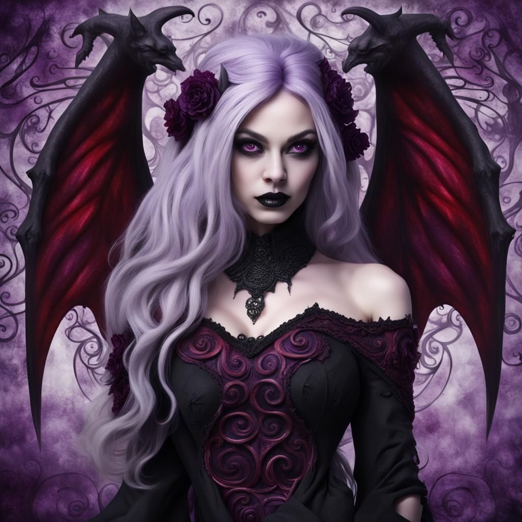 A beautiful female gargoyle dressed in Gothic attire with deep shades of  black and red and purple swirls with flowing blurred hair set in Go... - AI  Generated Artwork - NightCafe Creator