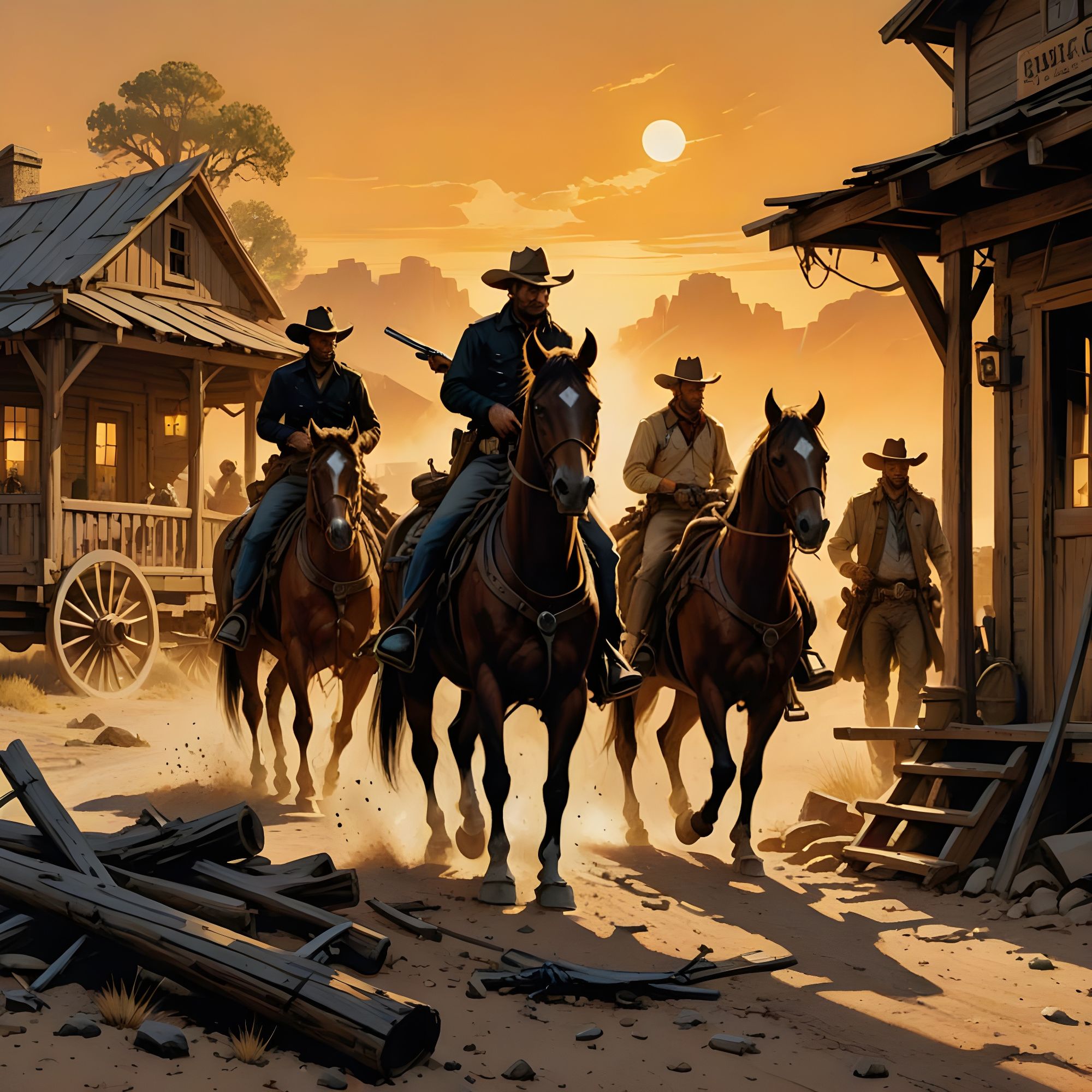 On a dirt road through the middle of an old we western town in front of the saloon,  3 cowboys wearing large white cowboy hats holding large...