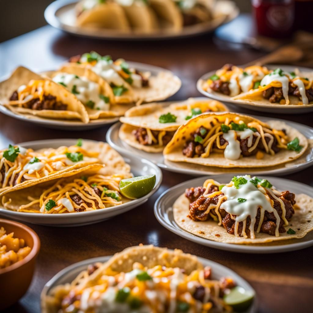 A table full of queso births tacos Professional photography,...