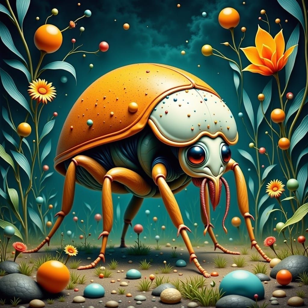 créer dans un monde féérique, une coccinelle basé sur un insecte extravagant métamorphe habillé d'une fourrure colorée et blanche image hype...