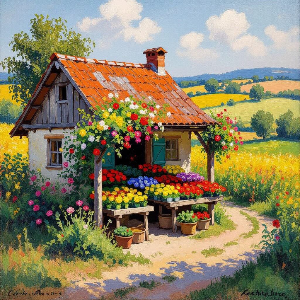 Impressionistic Farm Stand with Flowers and Fields