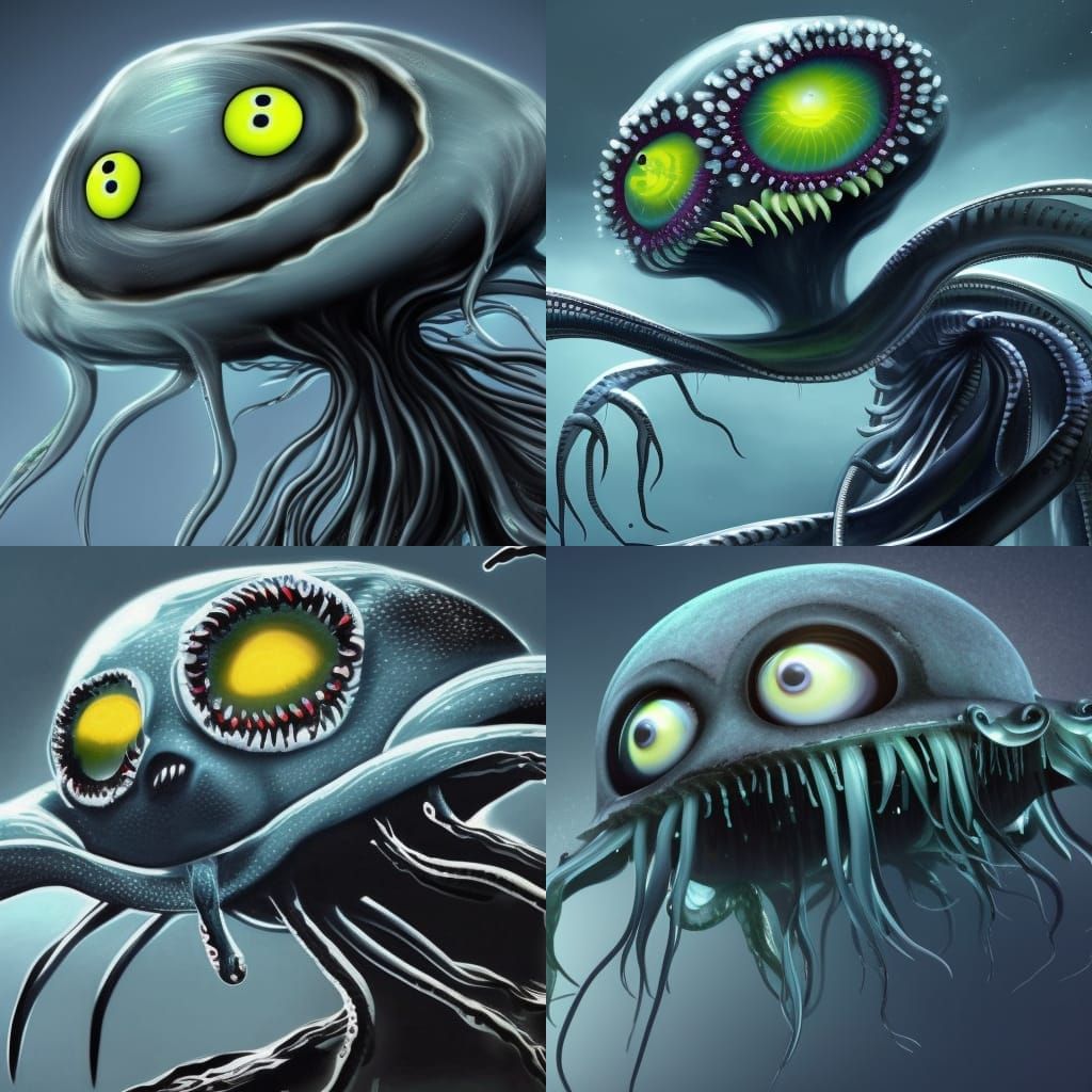 nightmare alien jellyfish with white beady eyes - AI Generated Artwork ...