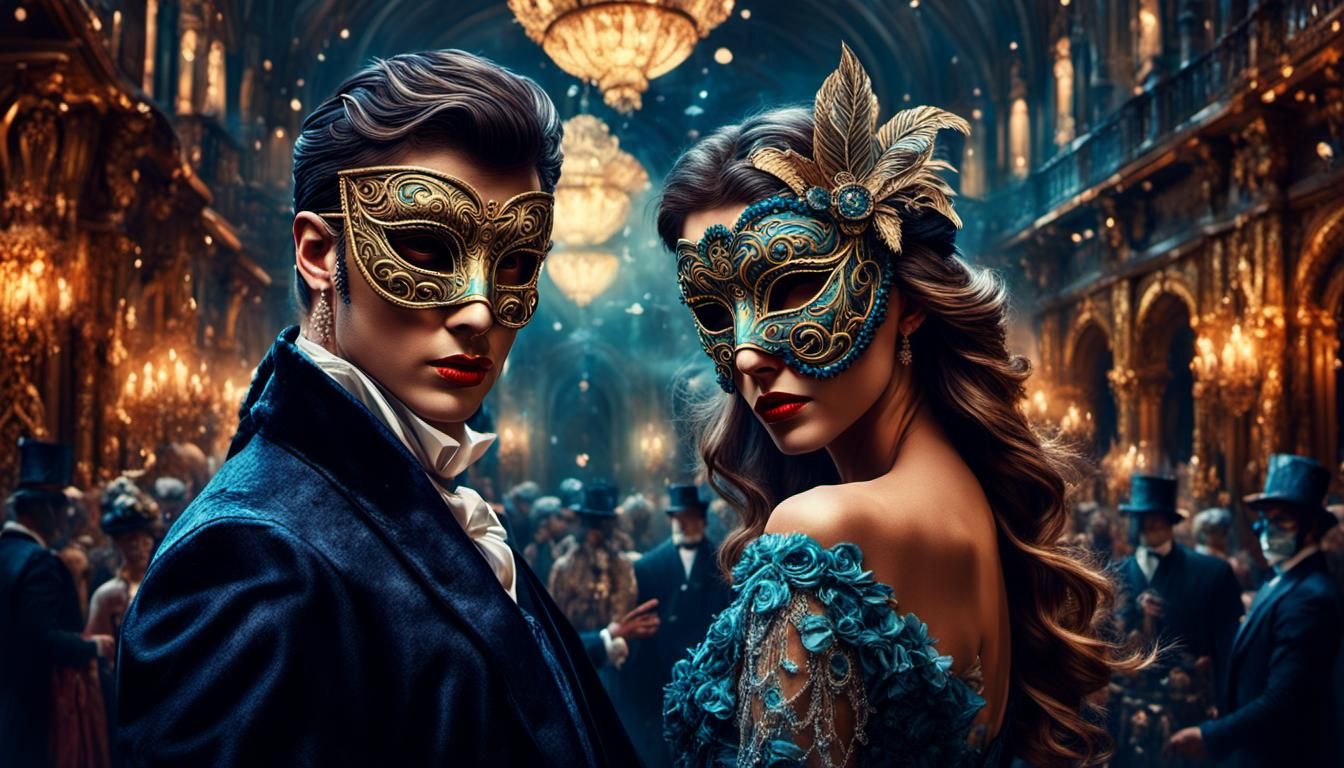 Whimsical masquerade ball, with intricate, alluring, unique, creative masks and costumes
  by @Dorian