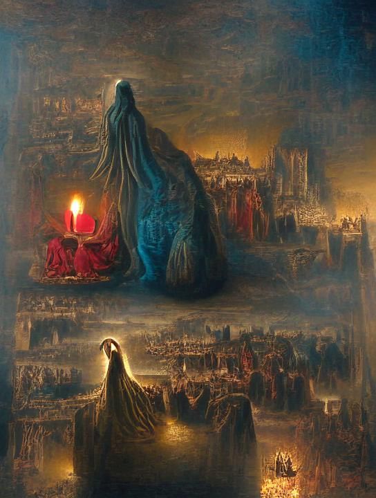 robed figure standing over a red candle Gustave Dore detailed painting oil on canvas