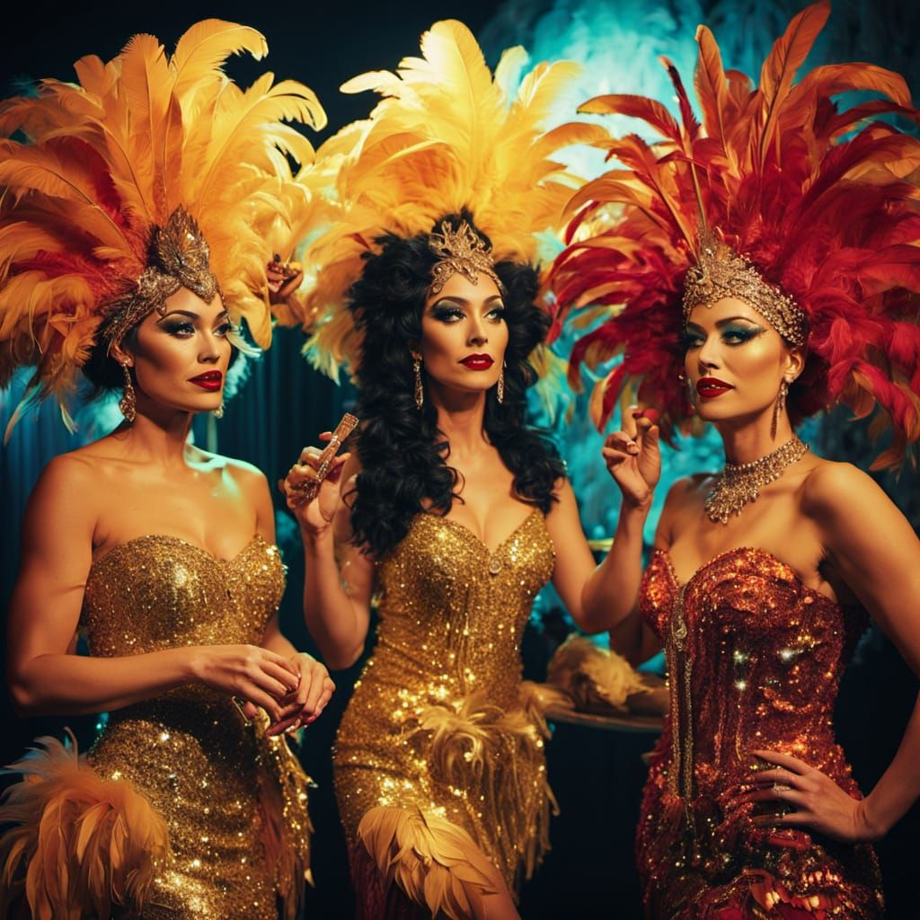 group of diverse showgirls in dazzling feathered costumes backstage, adjusting each other's headpieces, ...  by @SEA1337