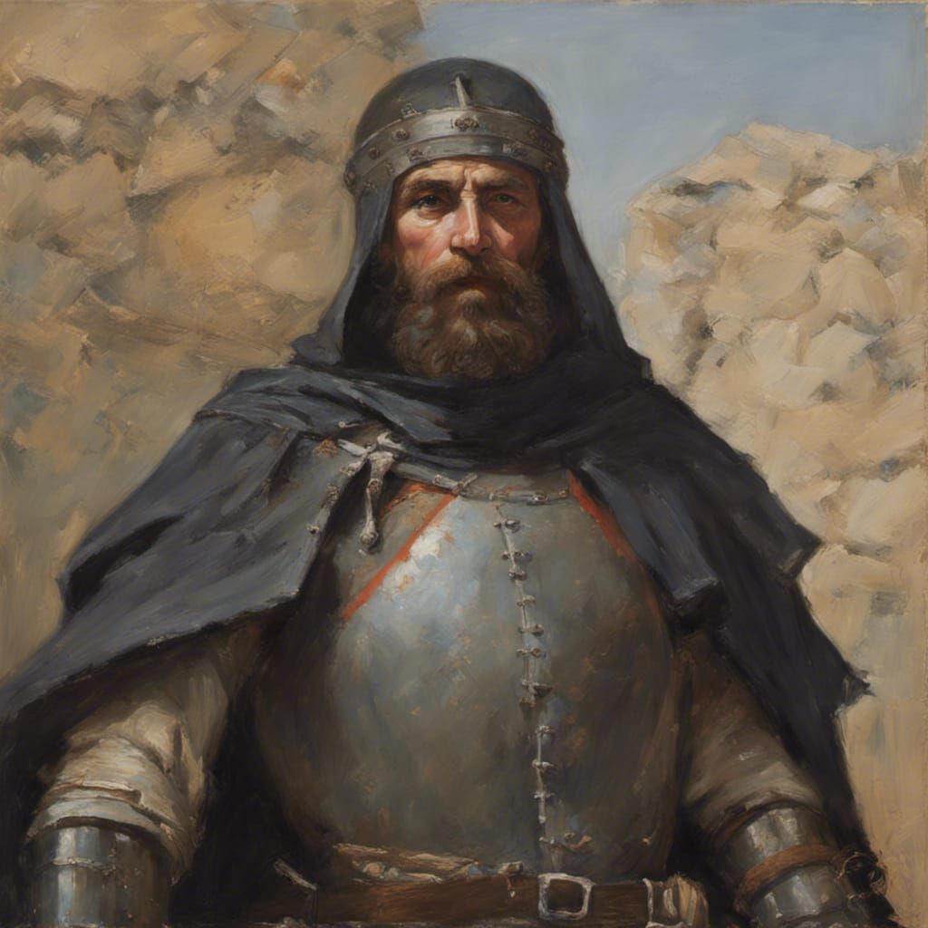 bearded crusader with black surcoat, covered in bandages