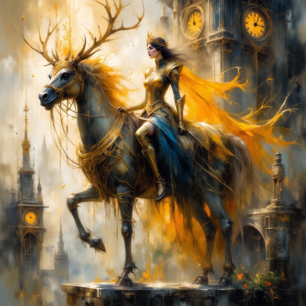 <lora:Earth and impression:1.0> <lora:cathedral flux:1.0> majestic warrior princess, clad in gilded ceremonial armor and flowing banners, ri...