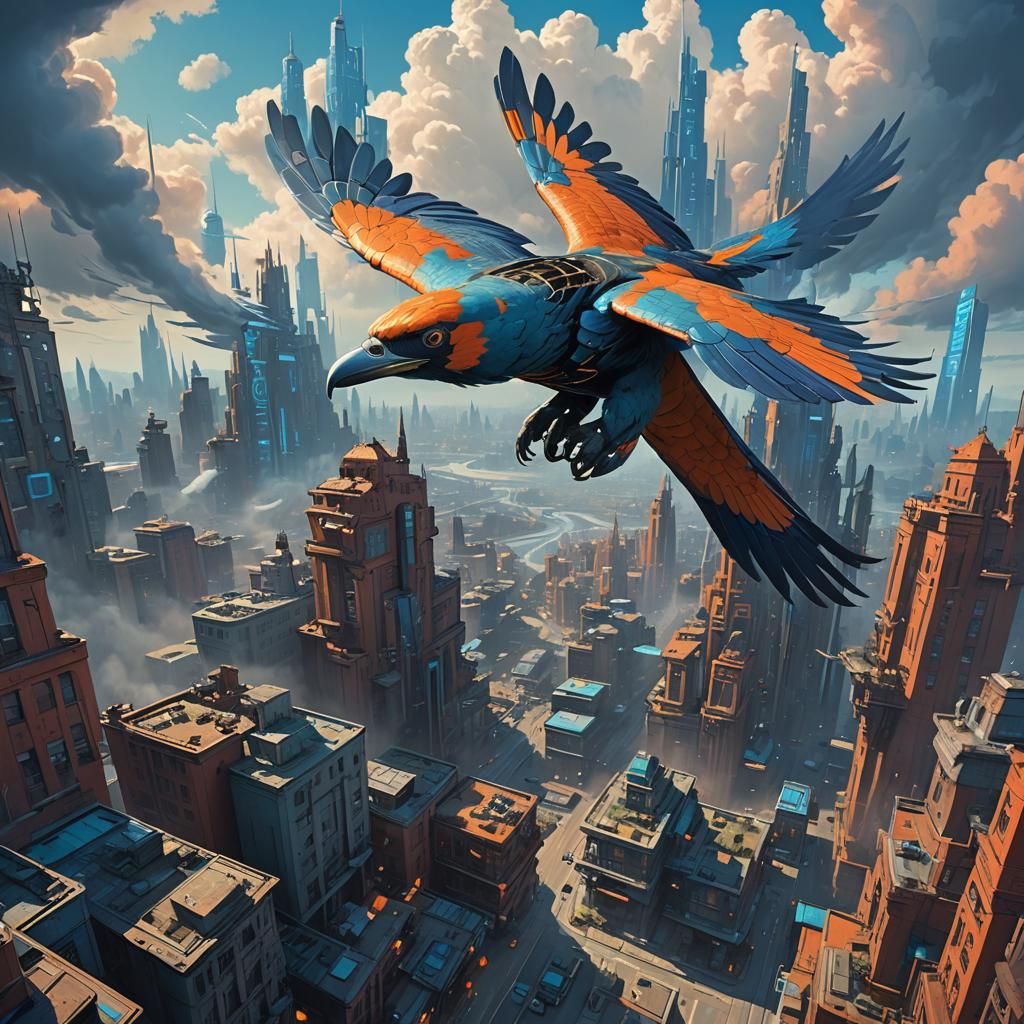 Fantastical Bird Soaring Over Dreamlike City