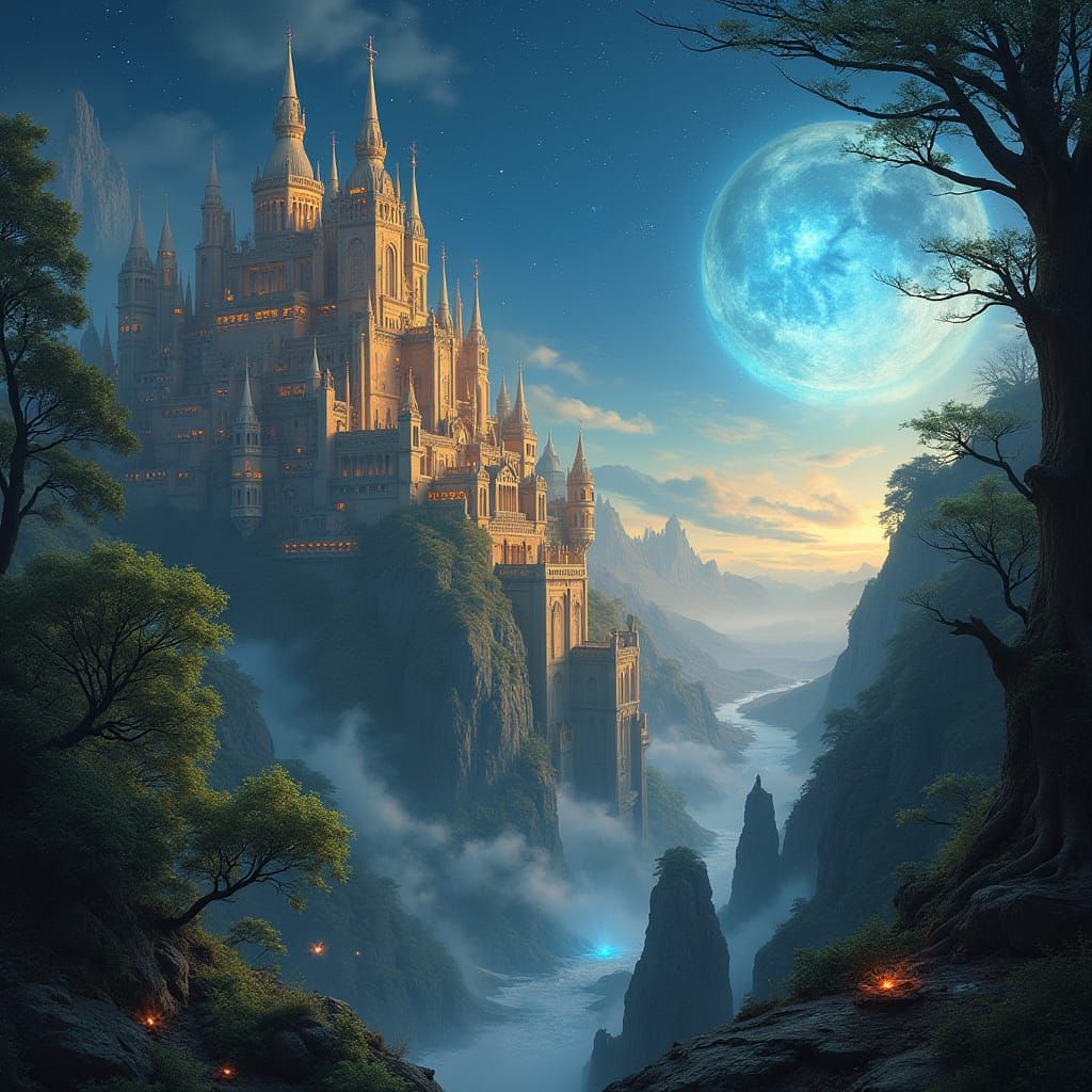 Wonderful Fantasy Cityscape with Glowing Portal and Lush Fol...