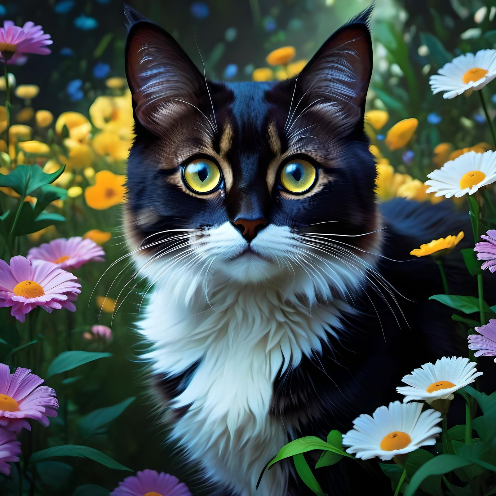 Majestic Cat Portrait with Flowers, Digital Illustration