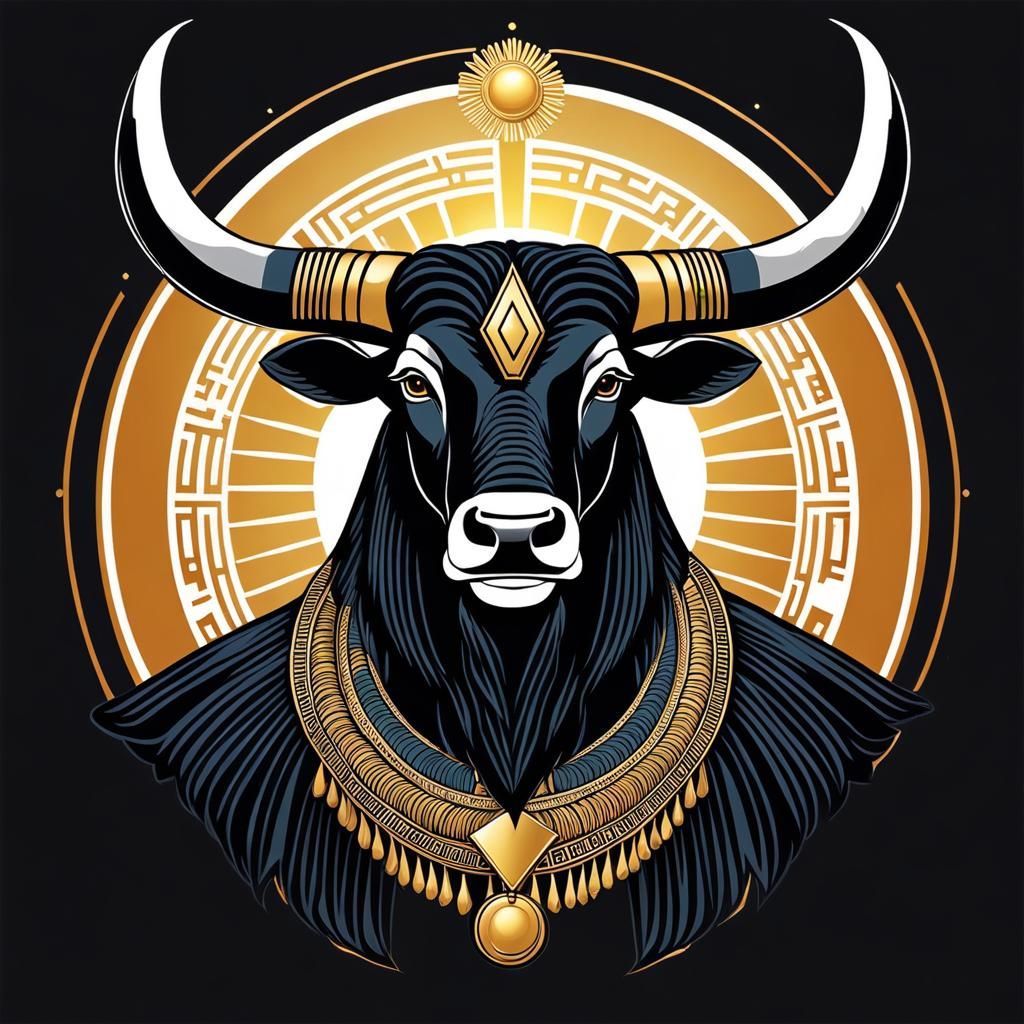 Apis the ancient Egyptian deity - sacred bull. He has a black body with ...