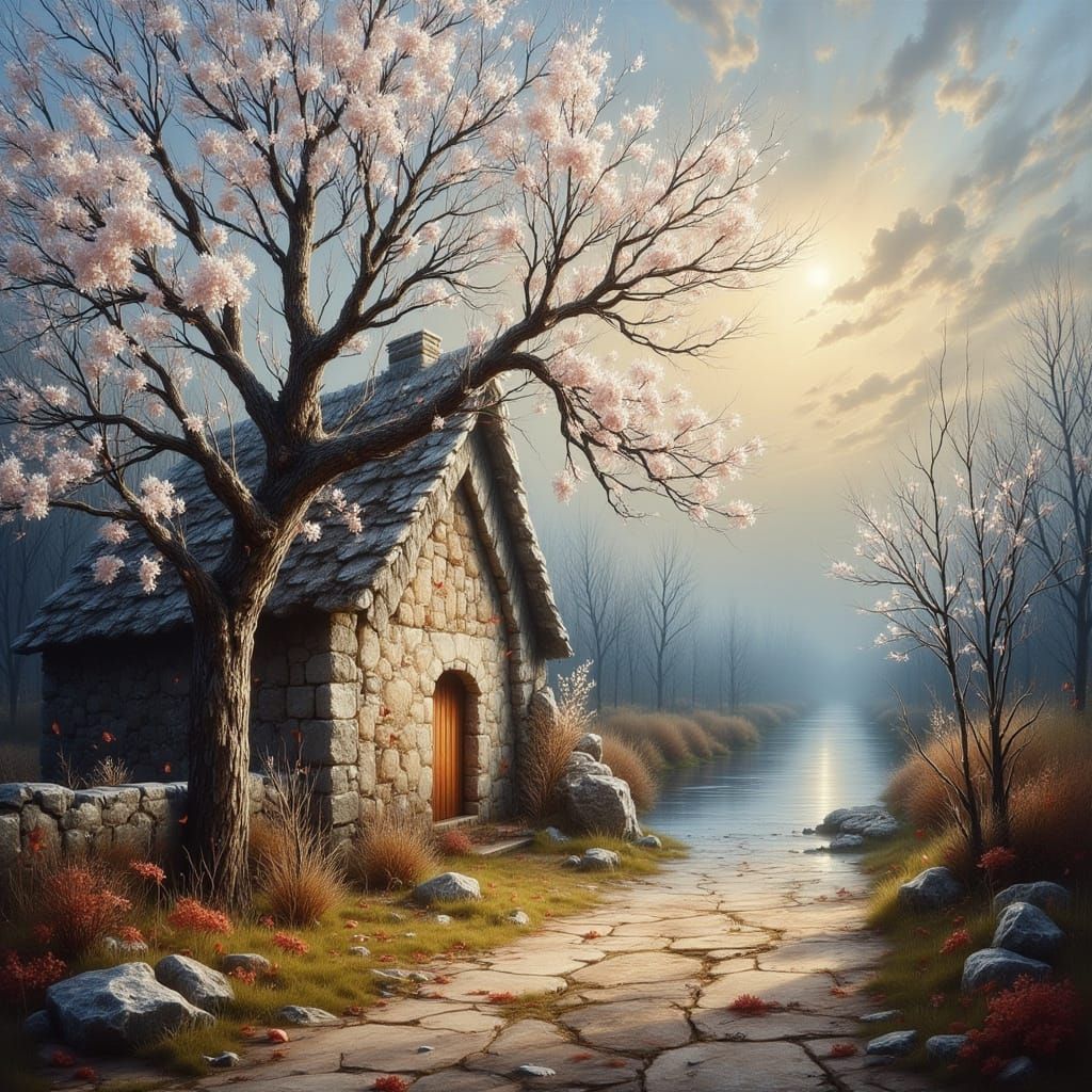 <lora:-Omnious-:1.0> Painting of a small house and almond tree, white leaves, oil on canvas, autumn, casting techniques, captures emotion an...