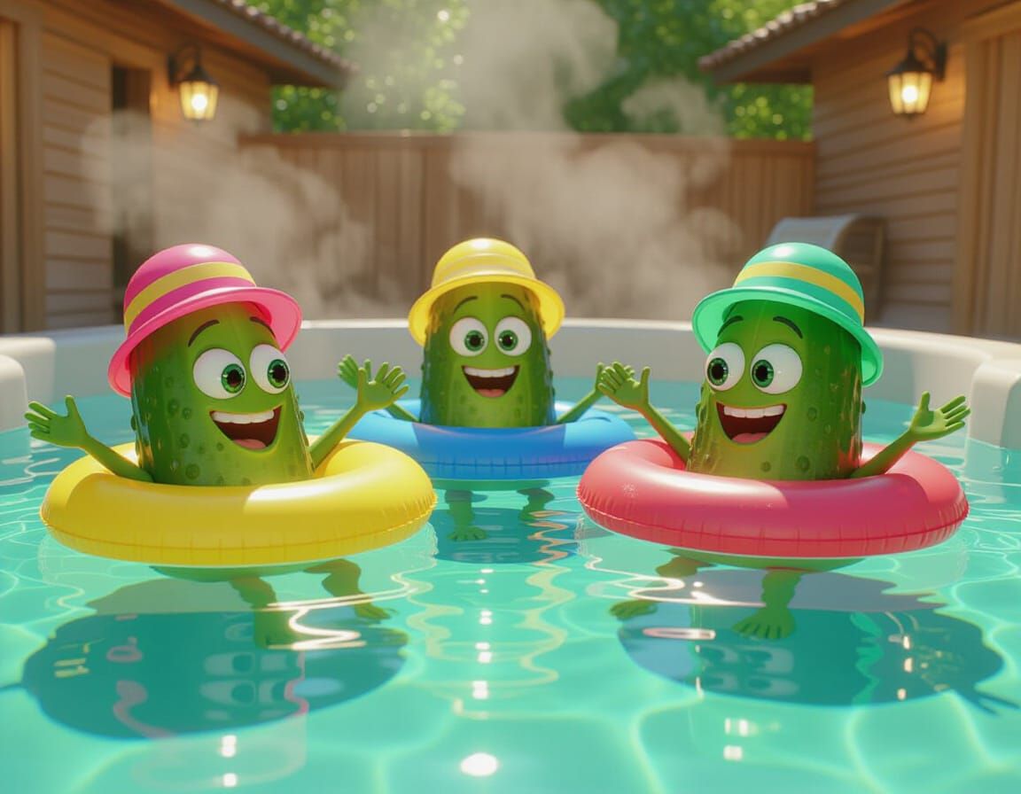 In Pixar style display smiling anamorphic pickles, with eyes and arms in a steaming hot tub of pickle juice.